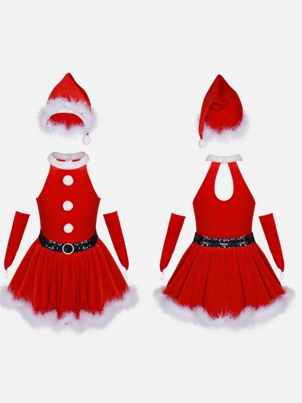 Kids Girls Christmas Velvet Tutu Dresses Faux Fur Trim with Santa Hat Gloves